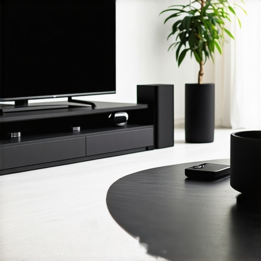 A stylish living room featuring a media streamer setup with smart home integration