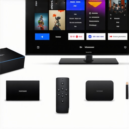 A sleek media room with multiple streaming devices connected to a large flat-screen TV.