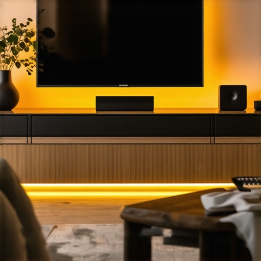 Modern living room with smart TV, soundbar, and ambient lighting
