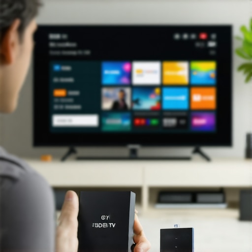 Person setting up Android TV Box for seamless streaming in a modern living room.