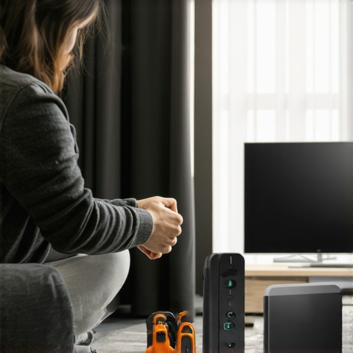 Person cleaning and updating media streaming devices in a home entertainment area.