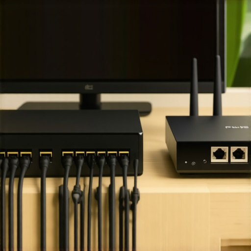 Technician maintaining a home media streaming setup with cables and network devices.