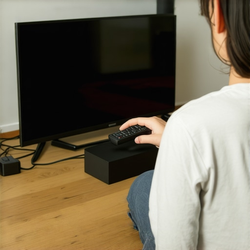 Person configuring a media streaming device in a cozy home entertainment space