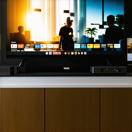 A sleek media streaming setup featuring multiple devices connected to a large 4K HDR TV with dynamic visuals.