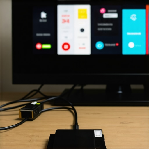 A person managing a high-quality media streaming setup with Ethernet cables, monitoring devices, and a smart TV