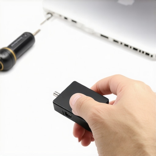 Close-up image of someone adjusting or updating a media streamer device with tools and a laptop nearby