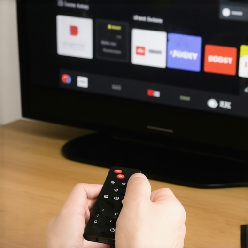 Person configuring an Android TV box connected to television.