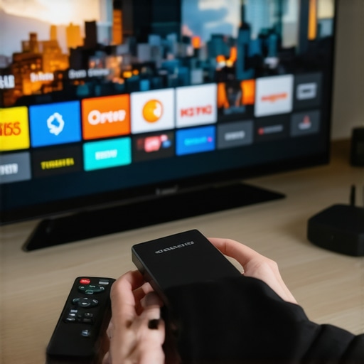 Person connecting a streaming device to a TV with remote and Wi-Fi router