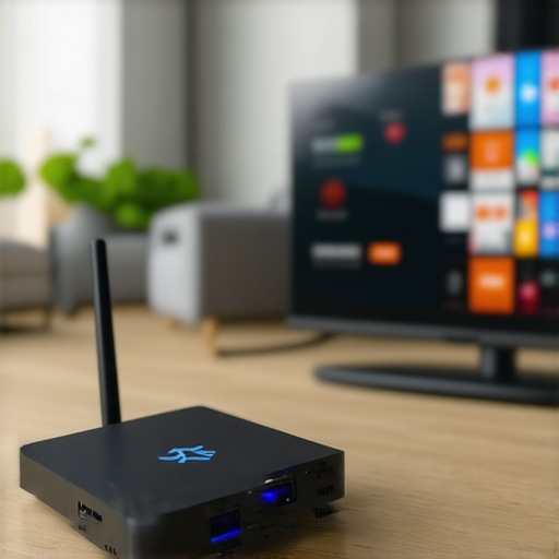High-performance Android TV box connected to a 4K TV with Wi-Fi router in a cozy living room