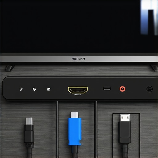 A neatly organized media area showing high-quality HDMI cables, Ethernet connections, and a streaming device connected to a smart TV.