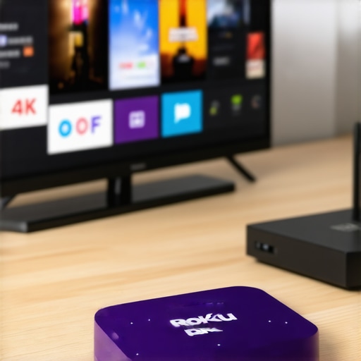 A sleek media streaming setup showing a Roku device connected to a 4K TV with a nearby Wi-Fi router.