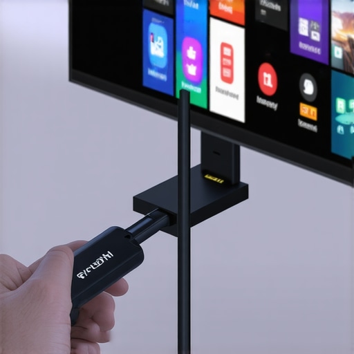 Person connecting media devices to a TV in a well-organized media hub