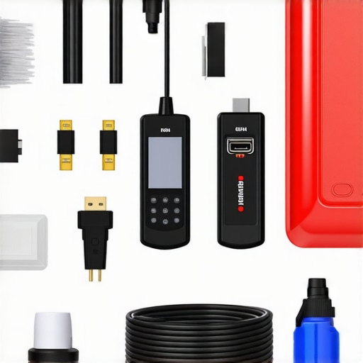 A collection of tools and devices used for maintaining a media streaming setup, arranged neatly on a shelf.