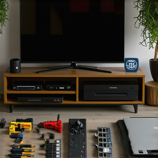 Close-up of a technician inspecting a media streamer with various maintenance tools on a workbench.