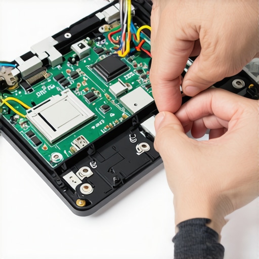 Person checking internal connections of an Android TV box during hardware repair.