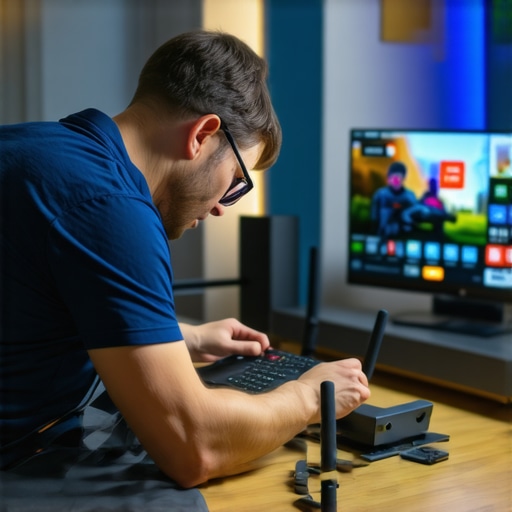 Person checking streaming device connections and network equipment