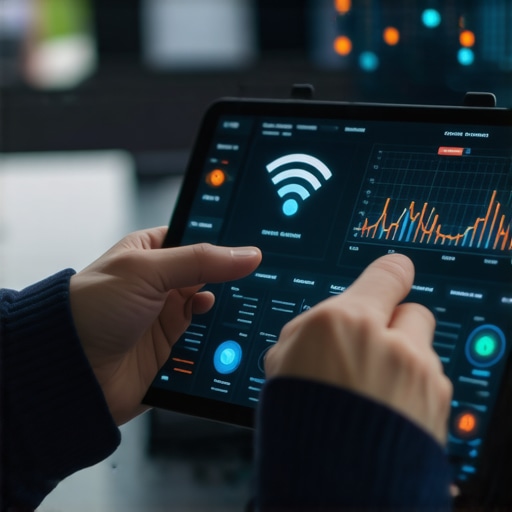 Person analyzing WiFi network on tablet with technical graphics