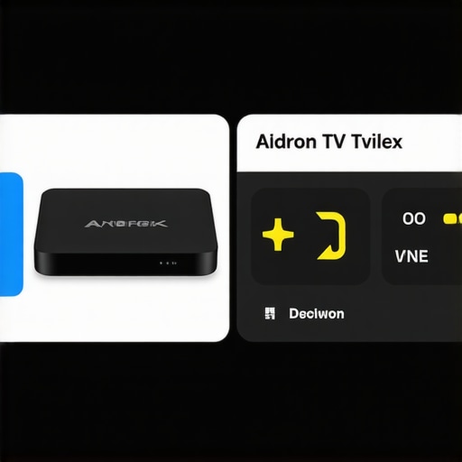Android TV box with settings menu showing network and app management options