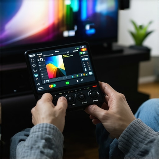 Person analyzing Wi-Fi network with a professional device in a tech-enabled living room.