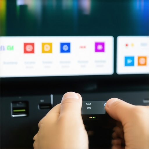 Person adjusting settings on a media streaming device in a home entertainment system.