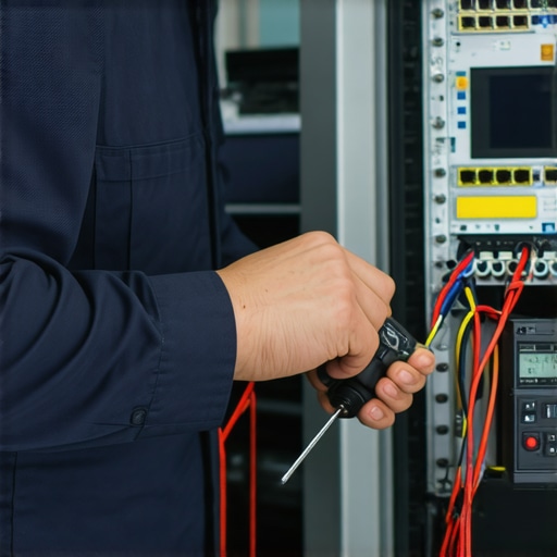 Technician inspecting streaming hardware with tools and network monitoring