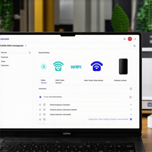 Laptop displaying Wi-Fi analysis tools with streaming devices in background.
