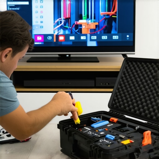 A technician performing maintenance on a home entertainment media streamer with various tools.